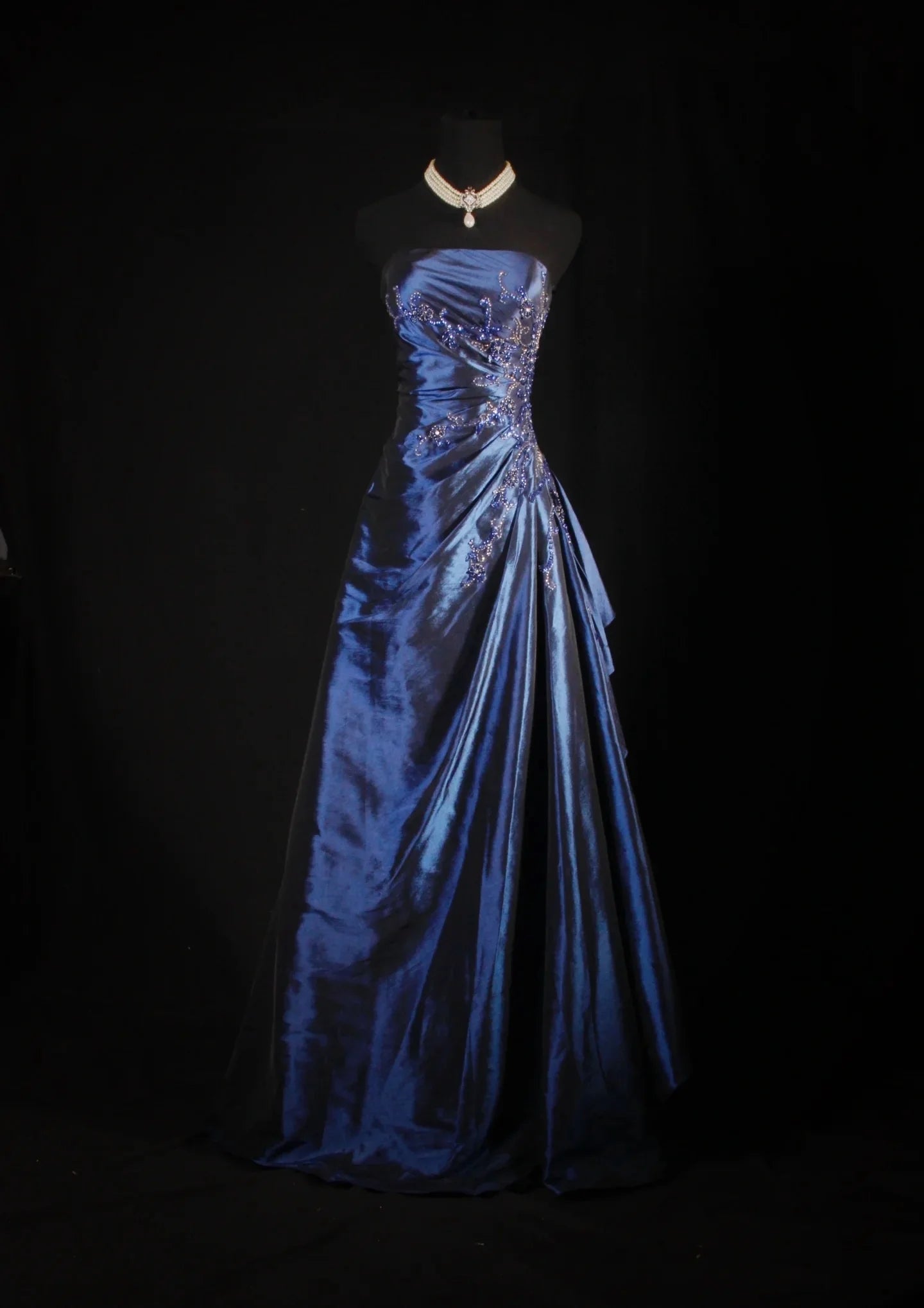 Vintage Navy Blue Satin With Beaded Pleated Strapless Long Prom Dresses Party Dress