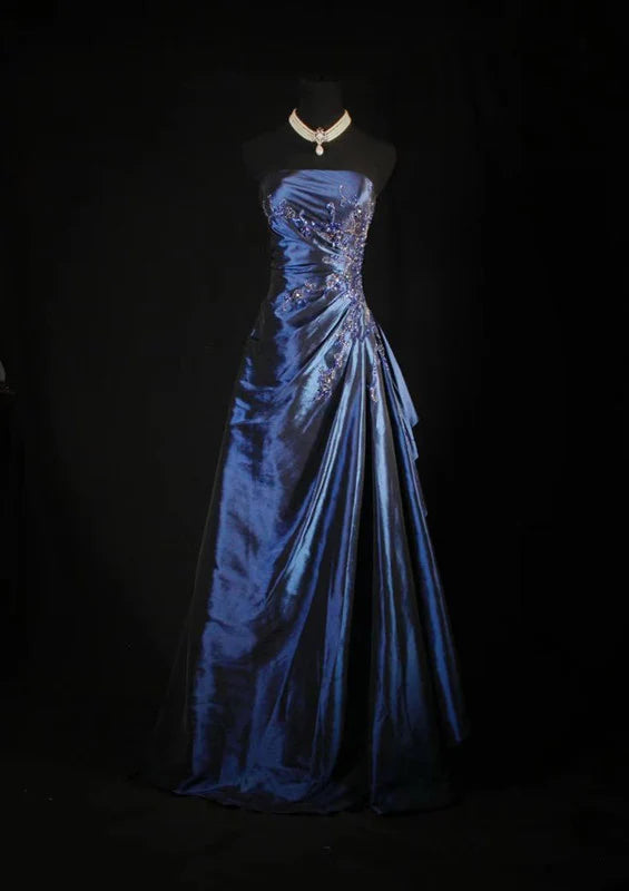 Vintage Navy Blue Satin With Beaded Pleated Strapless Long Prom Dresses Party Dress