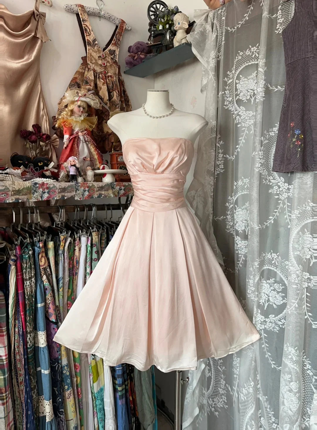 Vintage Pink Pleated Strapless A Line Short Evening Dress Short Party Dress Homecoming Dress