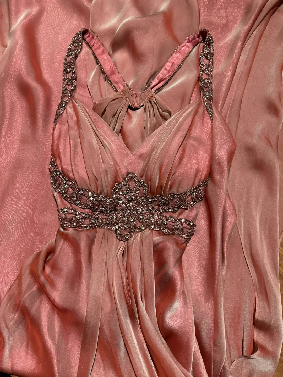 Vintage Pink Rhinestones Mermaid V Neckline Backless Long Fairy Evening Dress With Beaded