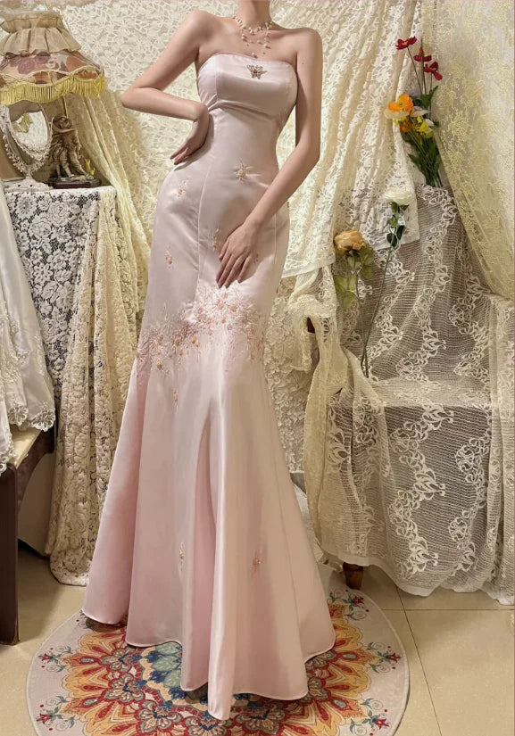 Vintage Pink Satin Beaded Strapless Mermaid Evening Dress Prom Dress With Embroidery