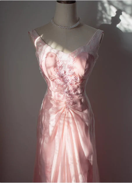 Vintage Pink Satin Lace Beaded With Applique Backless Long Prom Dress Discount Long Party Dresses