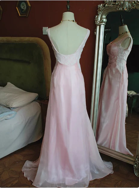 Vintage Pink Satin Lace Beaded With Applique Backless Long Prom Dress Discount Long Party Dresses