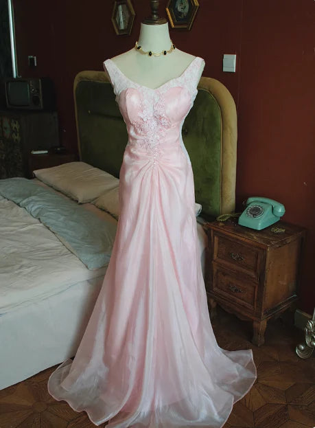 Vintage Pink Satin Lace Beaded With Applique Backless Long Prom Dress Discount Long Party Dresses