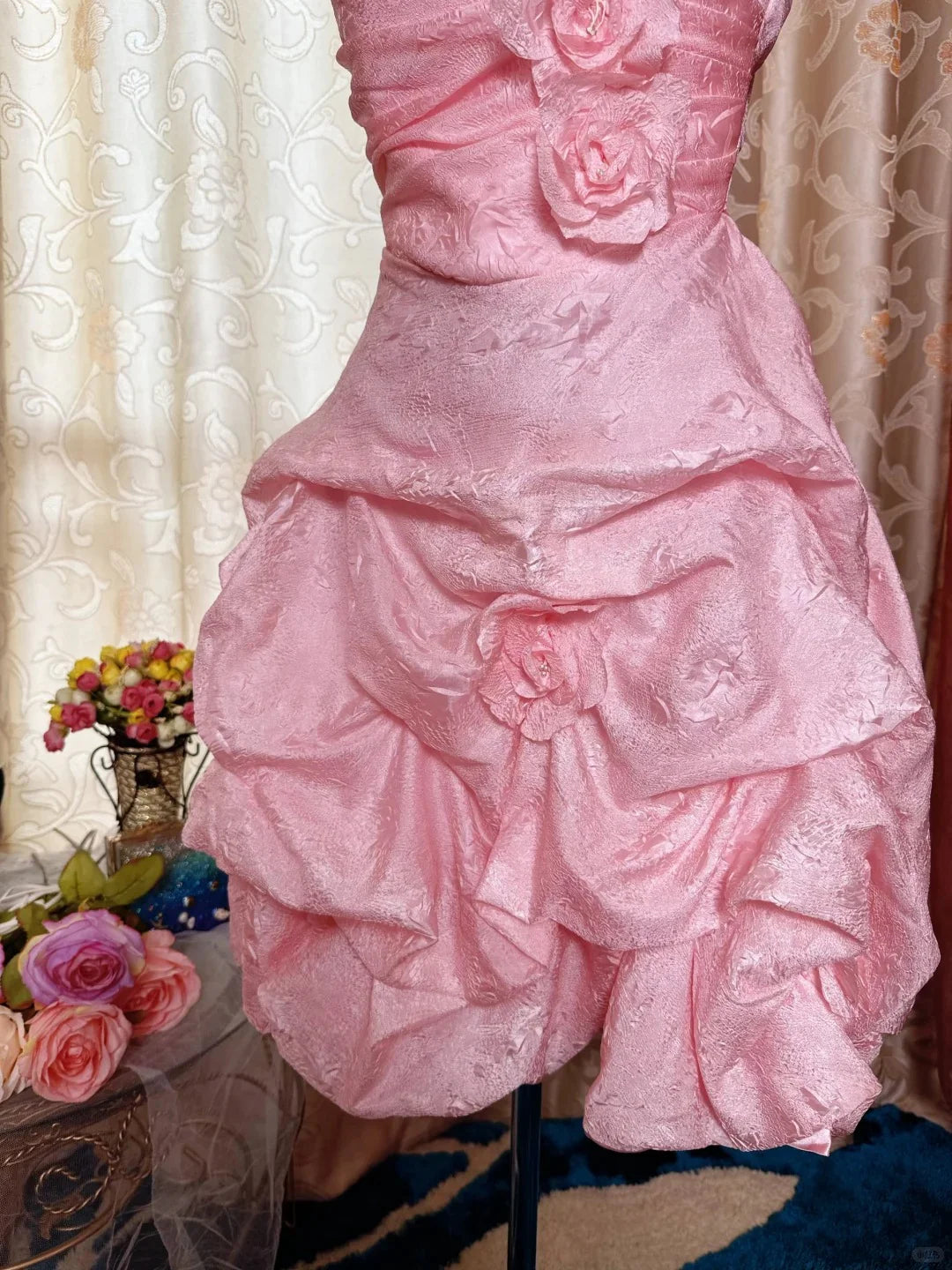 Vintage Pink Satin Spaghetti Straps 3D Flowers Evening Dress Short Party Dress Homecoming Dress