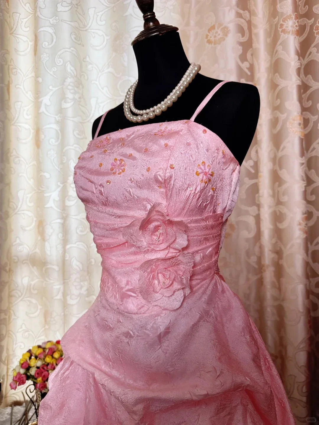 Vintage Pink Satin Spaghetti Straps 3D Flowers Evening Dress Short Party Dress Homecoming Dress