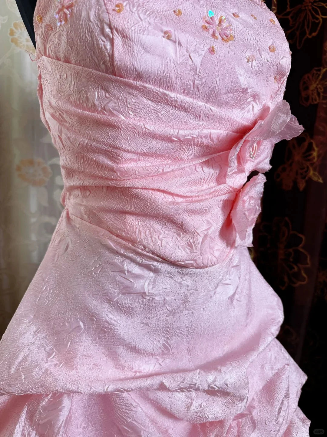 Vintage Pink Satin Spaghetti Straps 3D Flowers Evening Dress Short Party Dress Homecoming Dress