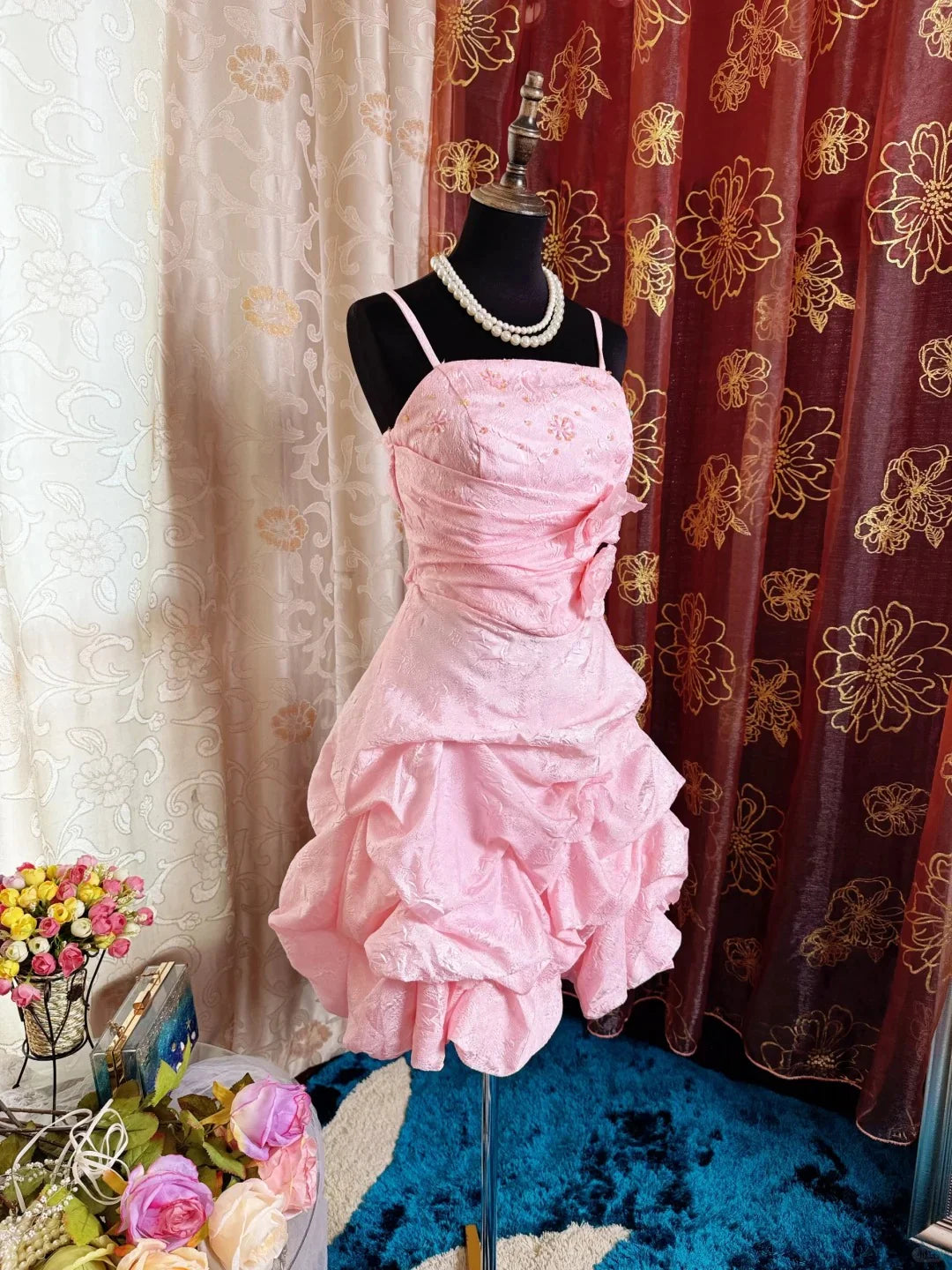 Vintage Pink Satin Spaghetti Straps 3D Flowers Evening Dress Short Party Dress Homecoming Dress