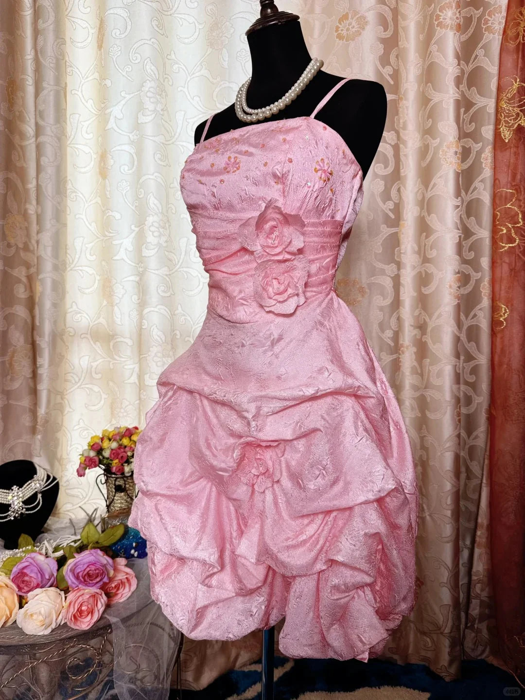 Vintage Pink Satin Spaghetti Straps 3D Flowers Evening Dress Short Party Dress Homecoming Dress