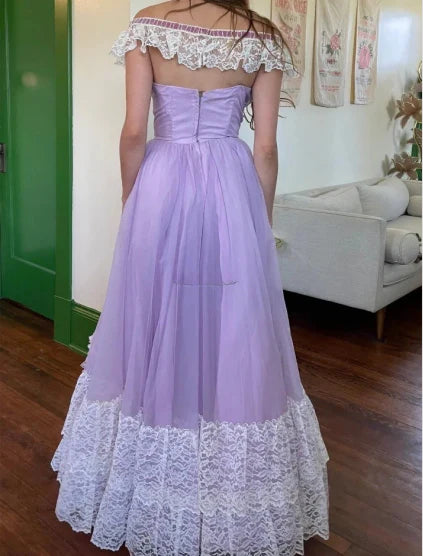 Vintage Purple Lace V Neck Patchwork Front Open A-line Prom Dress Discount Long Party Dresses