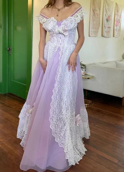 Vintage Purple Lace V Neck Patchwork Front Open A-line Prom Dress Discount Long Party Dresses