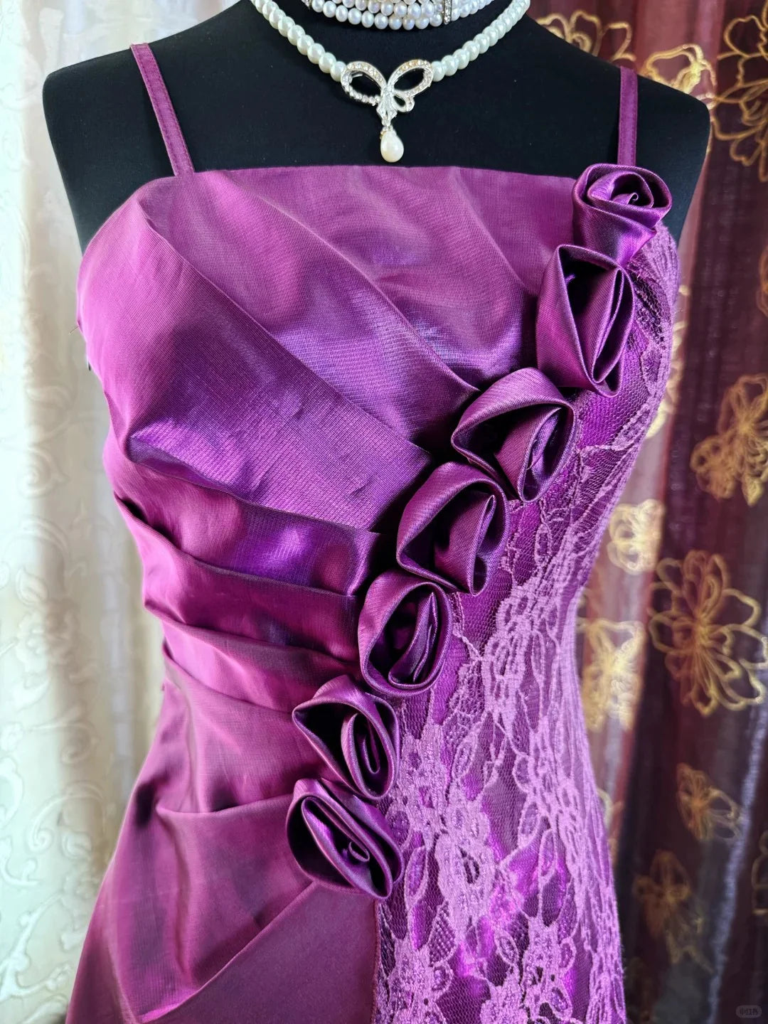 Vintage Purple Satin Lace 3D Flowers Spaghetti Straps Short Homecoming Dress Birthday Outfit