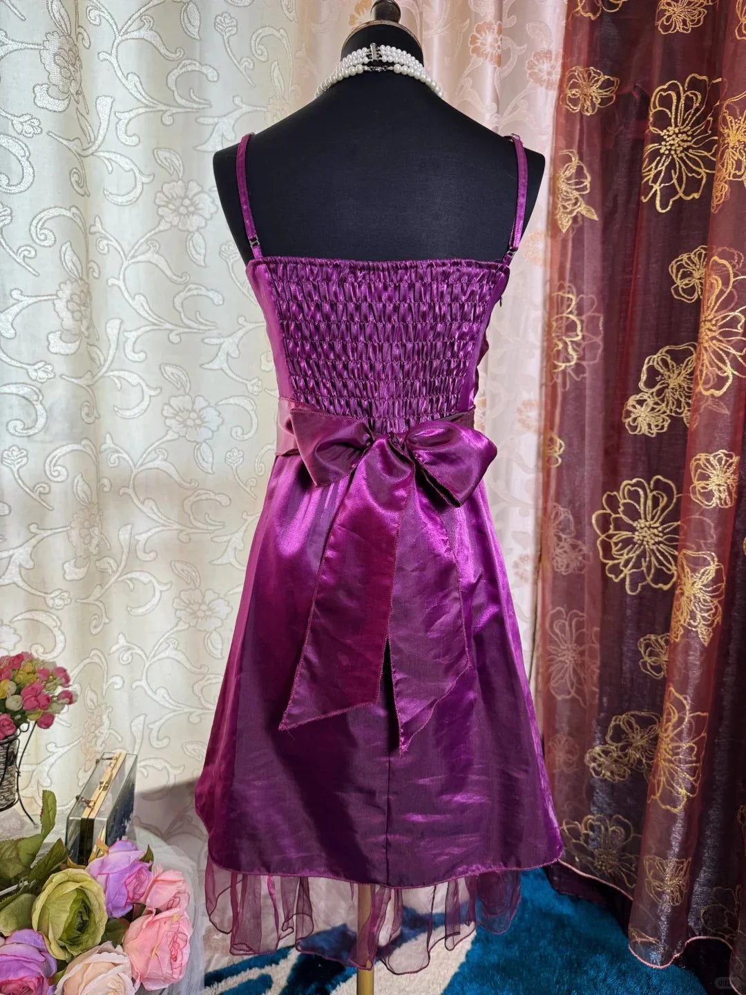 Vintage Purple Satin Lace 3D Flowers Spaghetti Straps Short Homecoming Dress Birthday Outfit