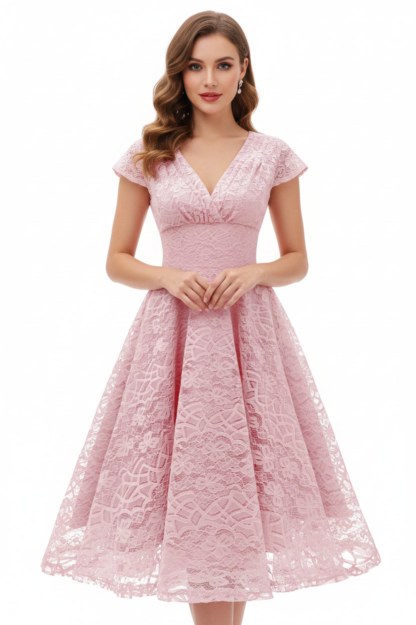 Vintage Romantic A-Line V-Neck Cap Sleeve Lace Pink Short Homecoming Dress