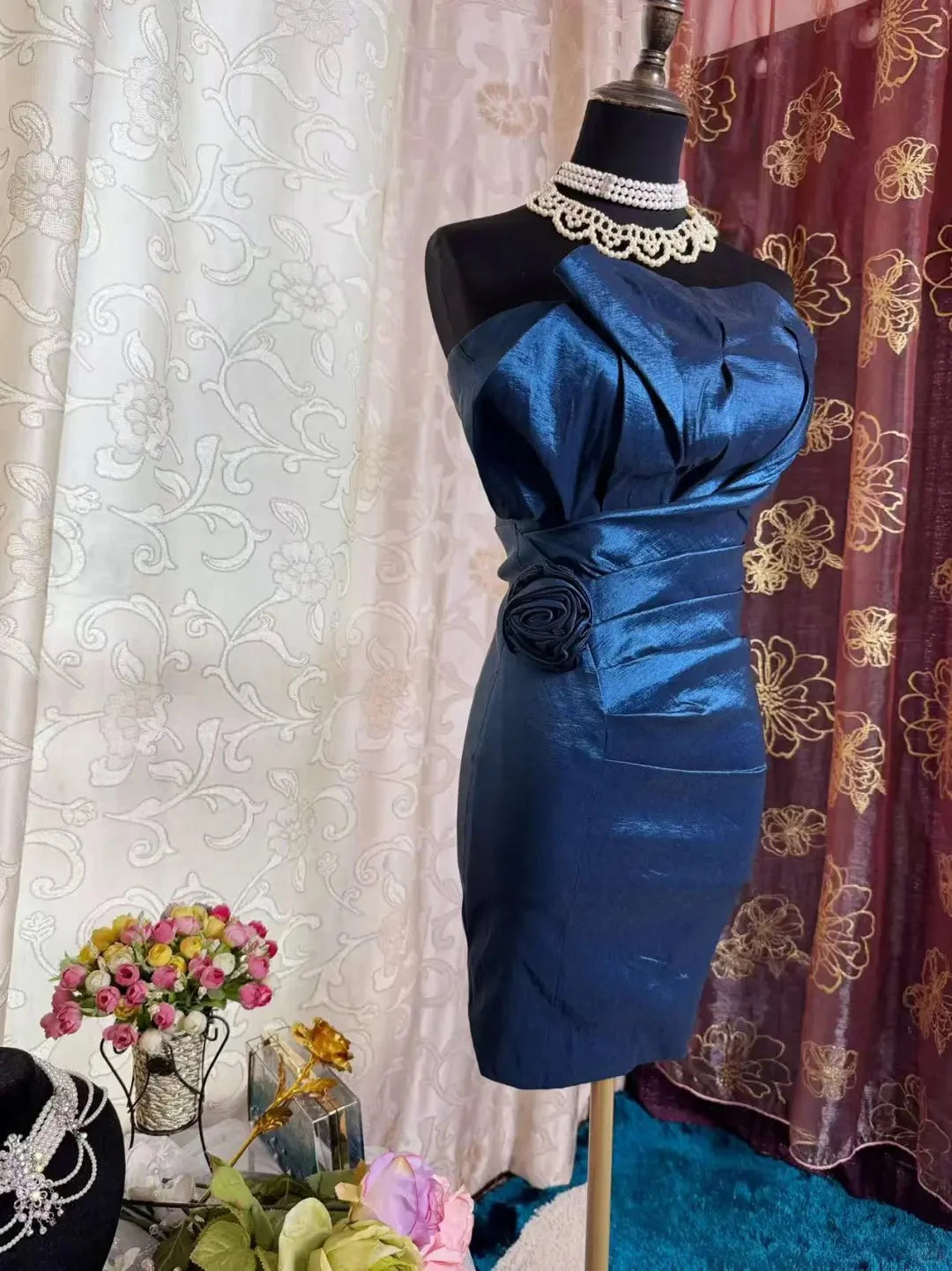 Vintage Royal Blue Satin Strapless 3D Flowers Short Party Dress Homecoming Dress