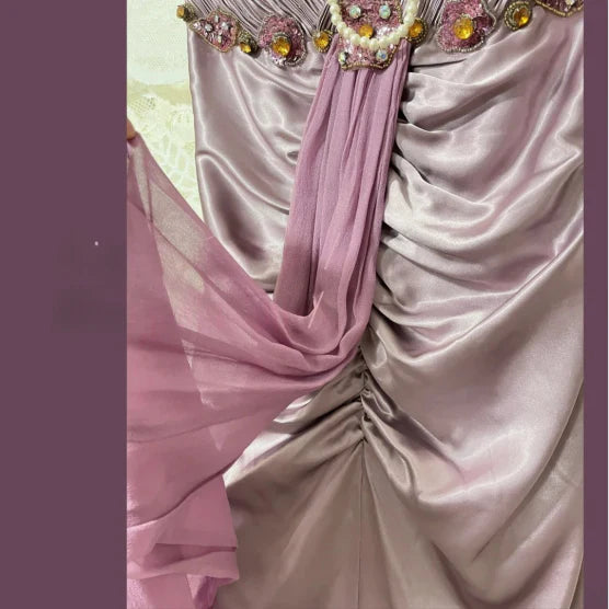 Vintage Satin Lace Sequins With Beaded Hand-Pleated Heavy Art Prom Dress Evening Dress