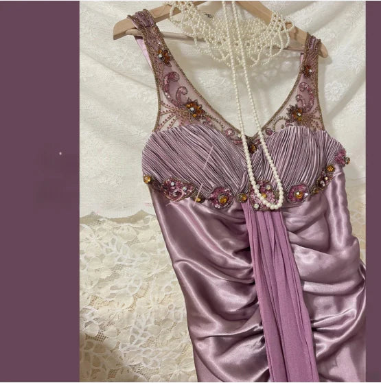 Vintage Satin Lace Sequins With Beaded Hand-Pleated Heavy Art Prom Dress Evening Dress