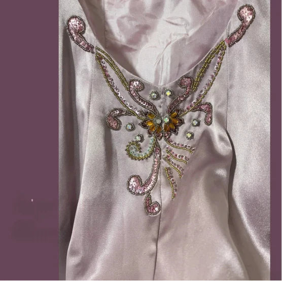 Vintage Satin Lace Sequins With Beaded Hand-Pleated Heavy Art Prom Dress Evening Dress