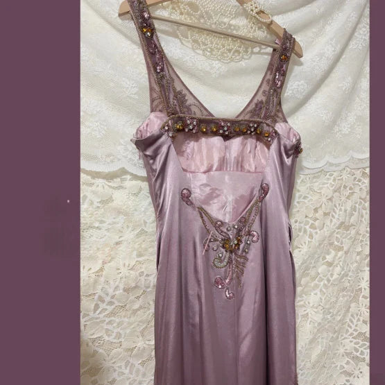 Vintage Satin Lace Sequins With Beaded Hand-Pleated Heavy Art Prom Dress Evening Dress