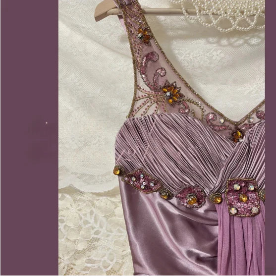 Vintage Satin Lace Sequins With Beaded Hand-Pleated Heavy Art Prom Dress Evening Dress