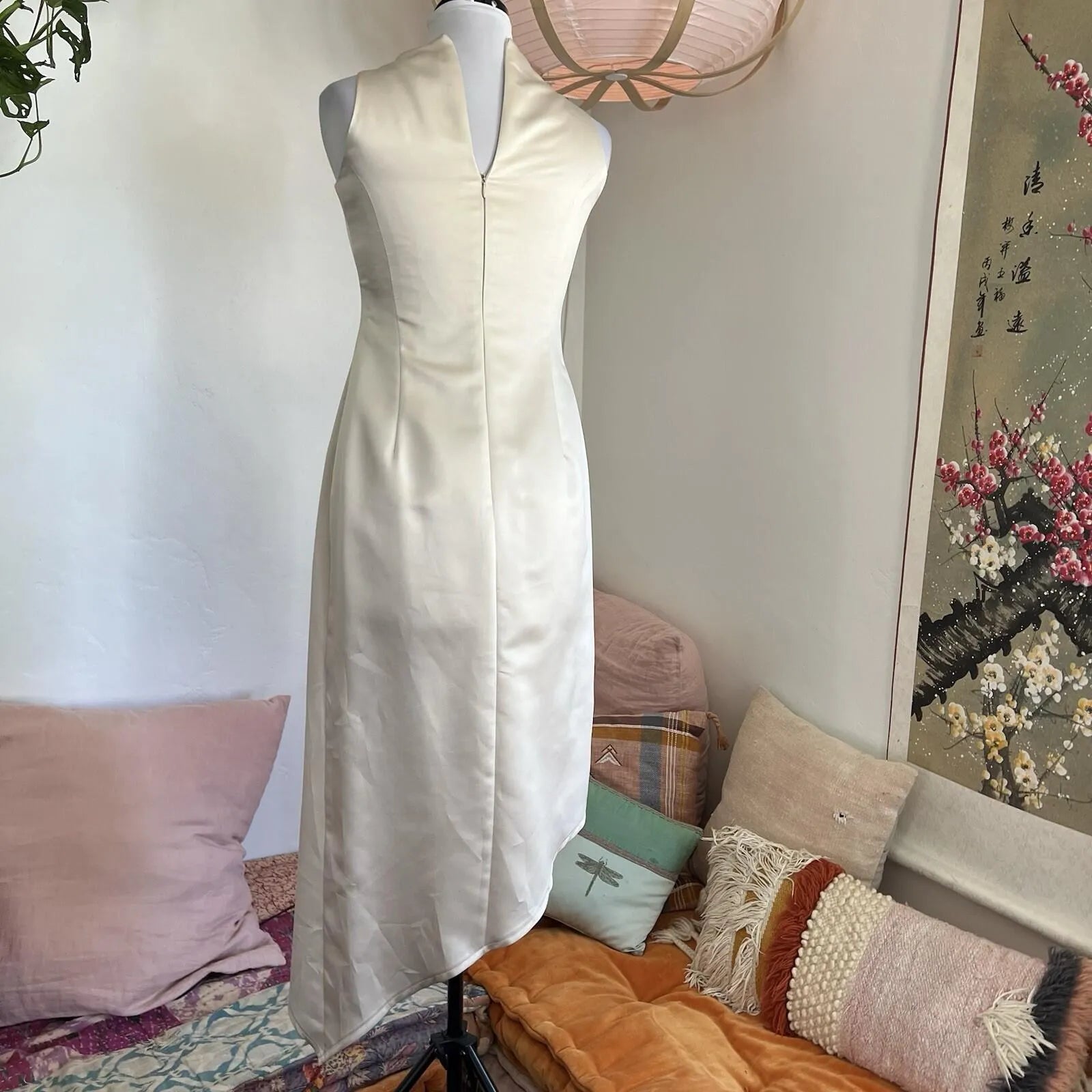 Vintage Sheath Asymmetric Neck Satin Ivory Midi Homecoming Dress Custom
