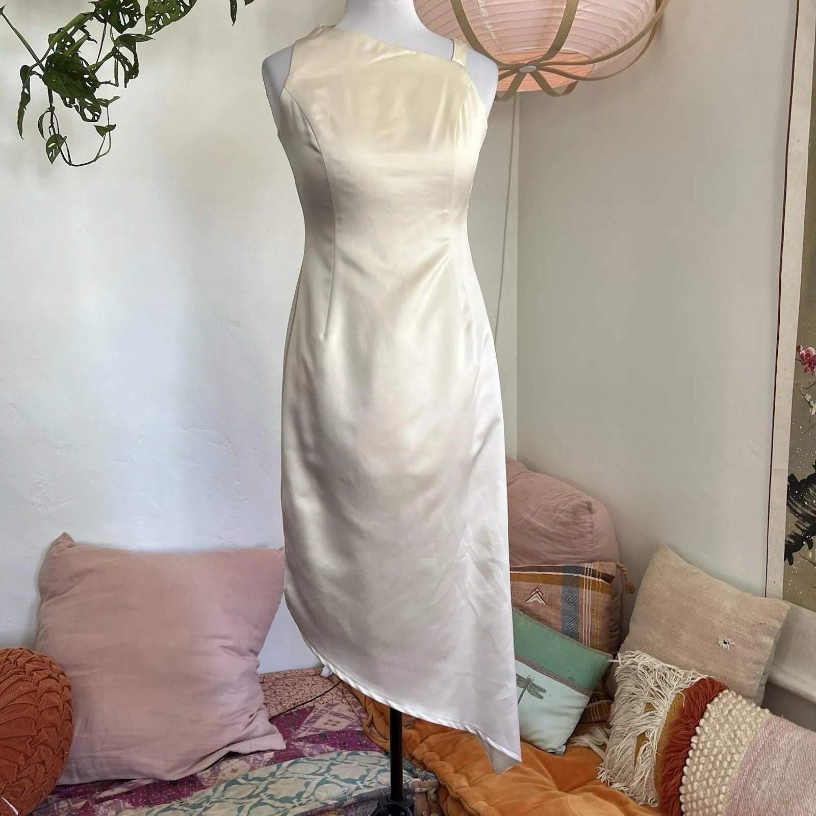 Vintage Sheath Asymmetric Neck Satin Ivory Midi Homecoming Dress Custom