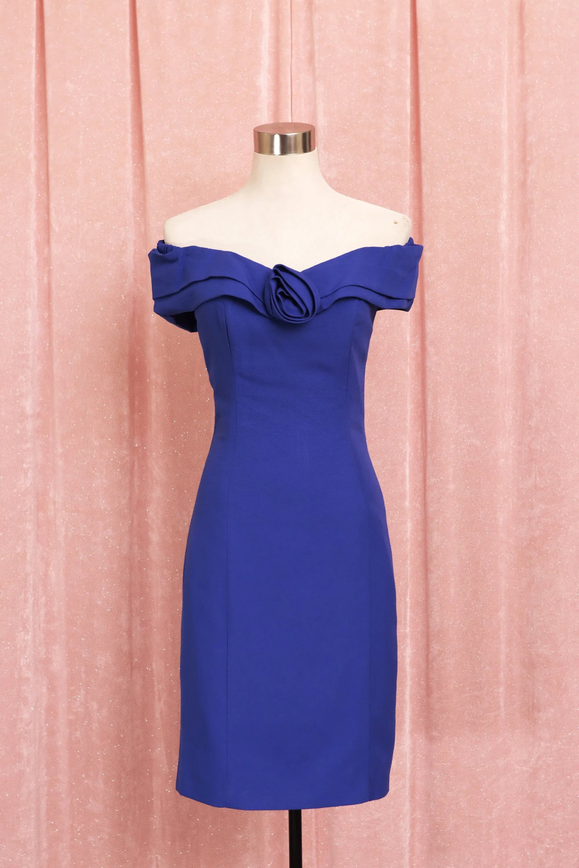 Vintage Sheath Off-Shoulder Party Dress 3D Rose Royal Blue Midi Homecoming Dress