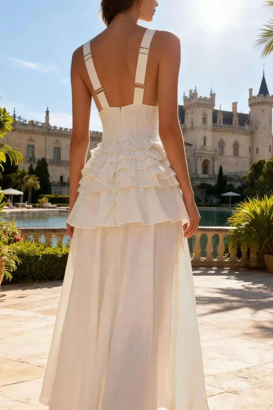 Vintage A-line V-Neck Layered Ruffle White Floor-Length Prom Dress With Button