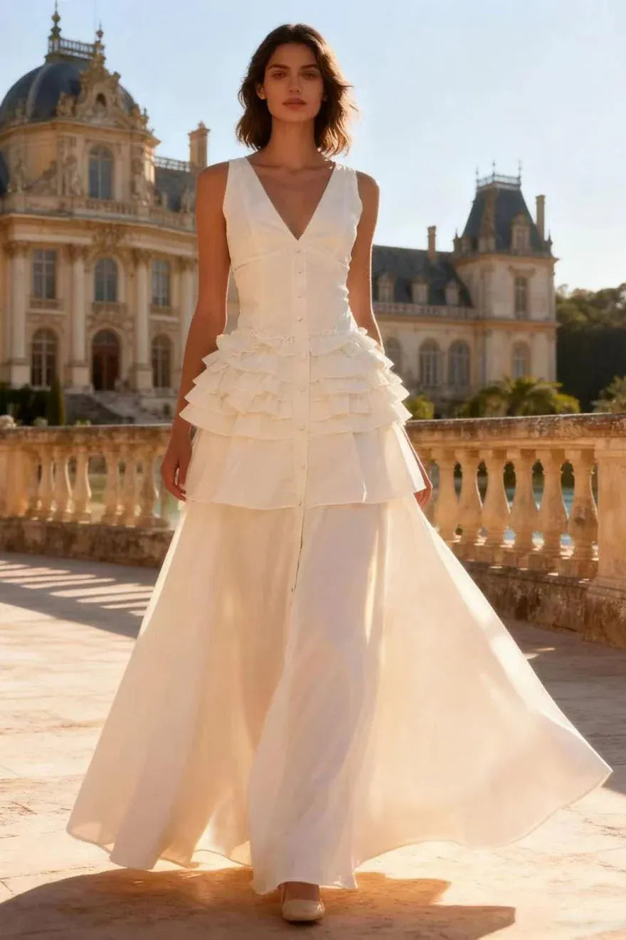 Vintage A-line V-Neck Layered Ruffle White Floor-Length Prom Dress With Button