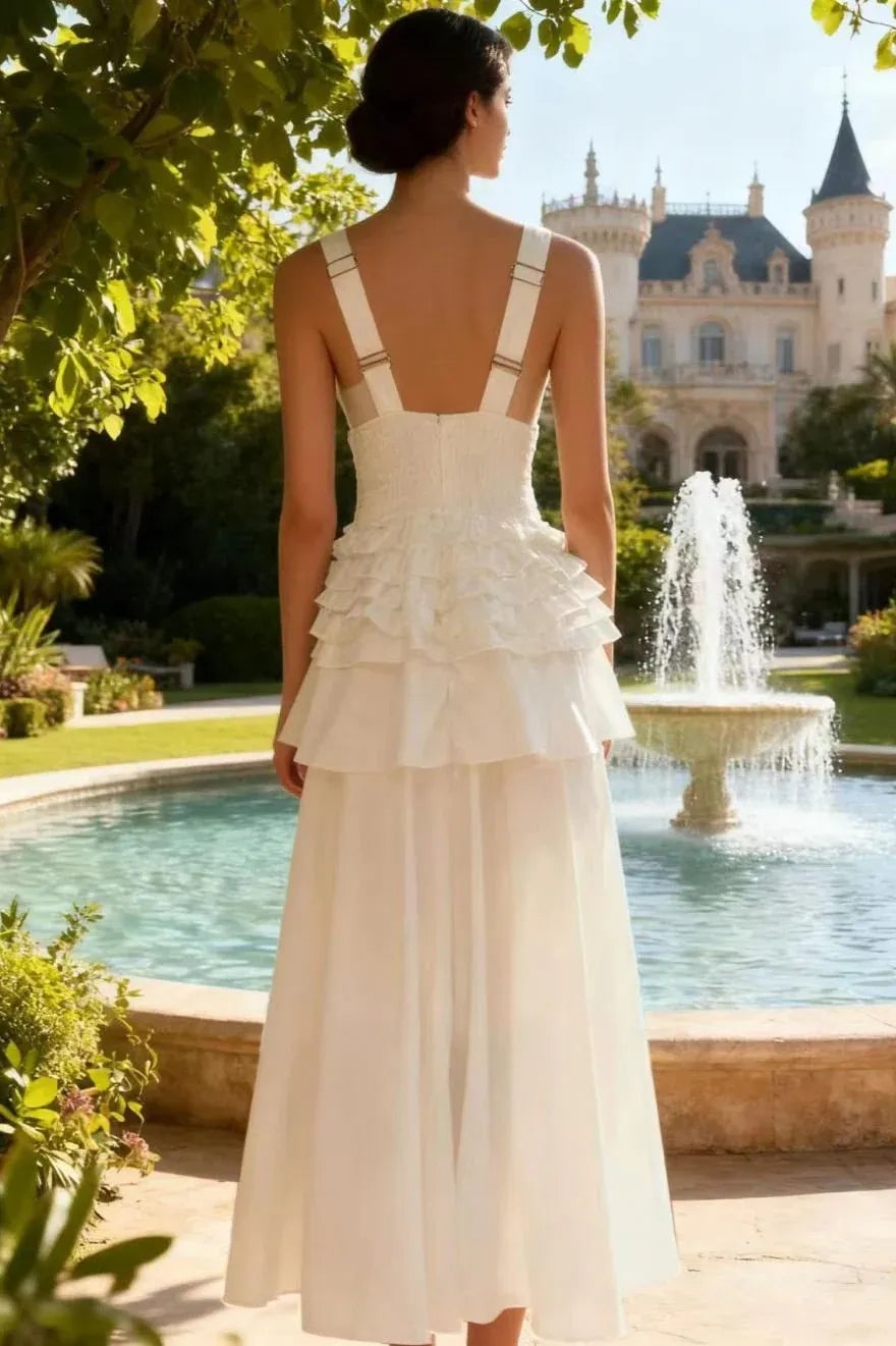Vintage A-line V-Neck Layered Ruffle White Floor-Length Prom Dress With Button
