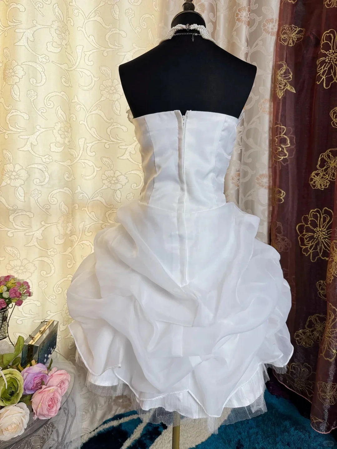 Vintage White Short Chiffon Lace Pleated Party Dress Homecoming Dress Birthday Outfit