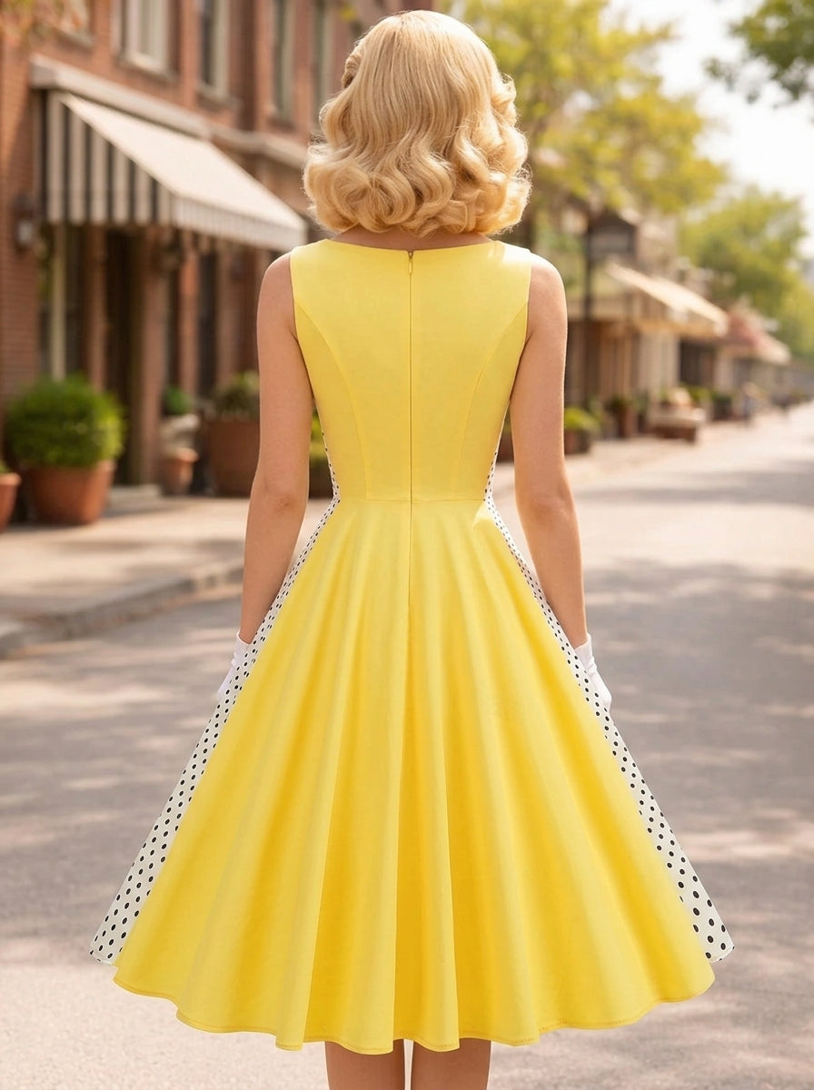 Vintage A-Line Boat Neck Flare Polka Dot Yellow Knee-Length Homecoming Dress