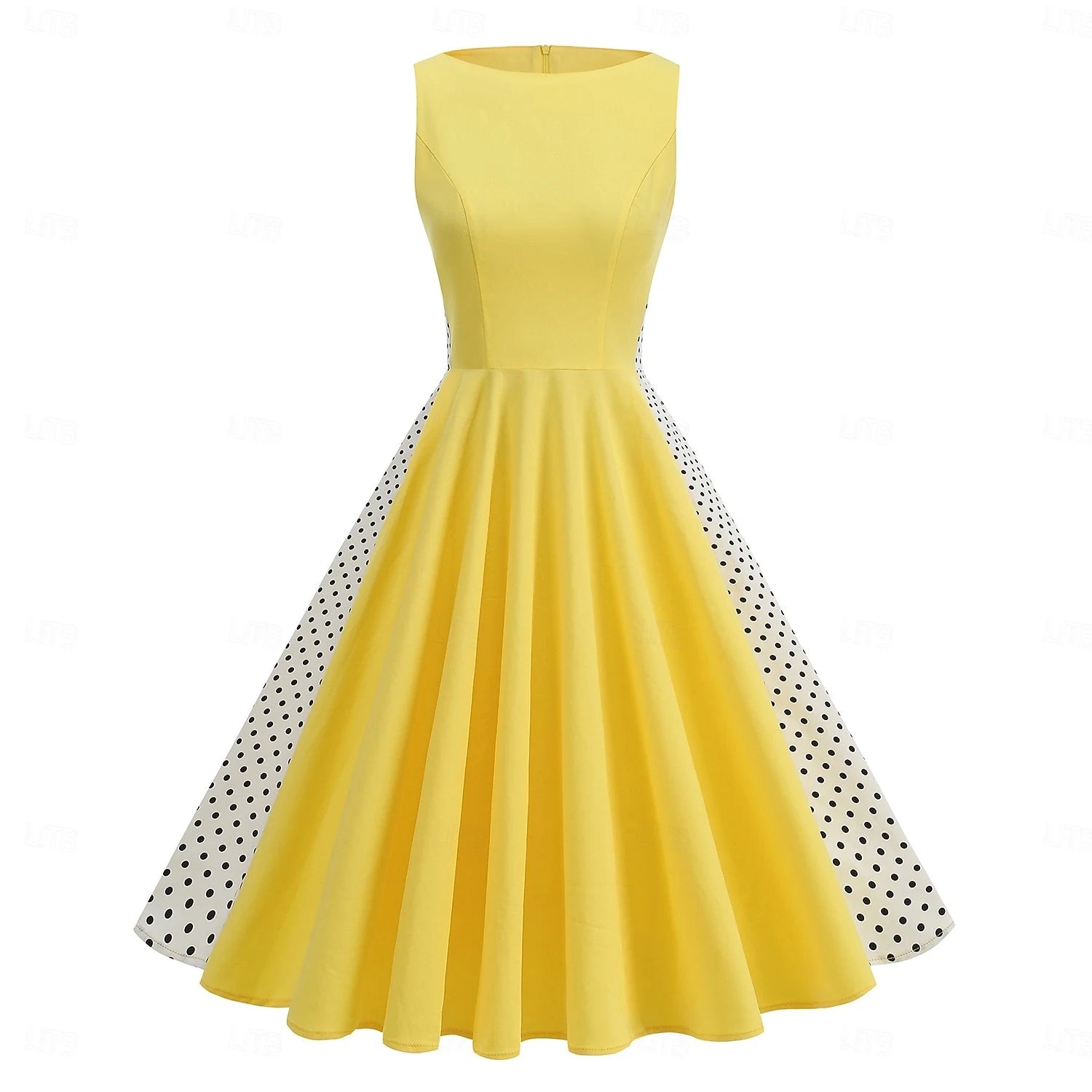 Vintage A-Line Boat Neck Flare Polka Dot Yellow Knee-Length Homecoming Dress