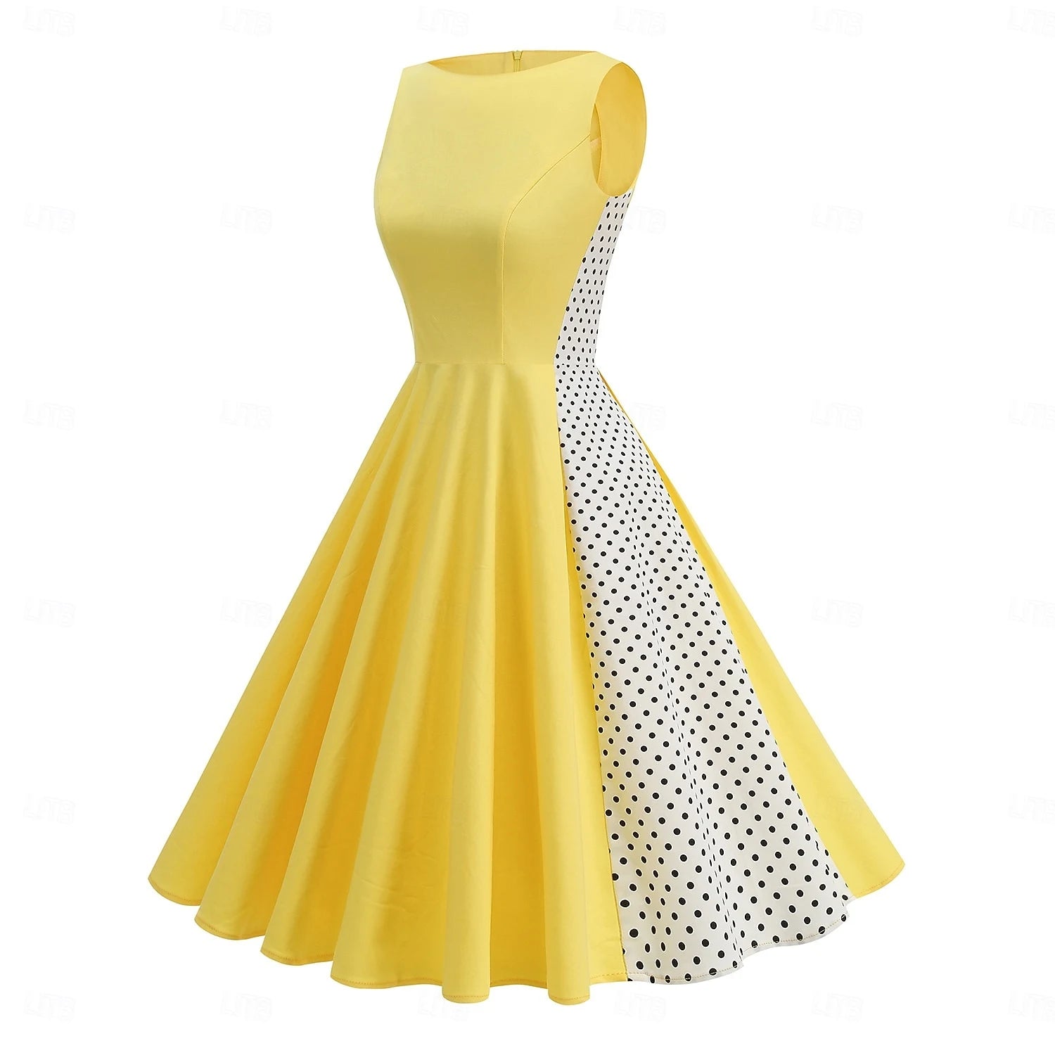 Vintage A-Line Boat Neck Flare Polka Dot Yellow Knee-Length Homecoming Dress
