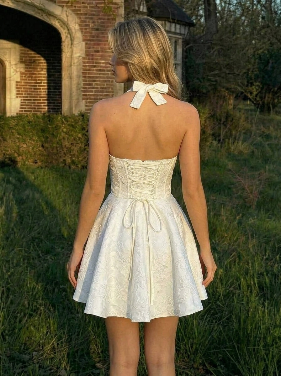 Chic A-Line Halter Corset Jacquard White Short Homecoming Party Dress