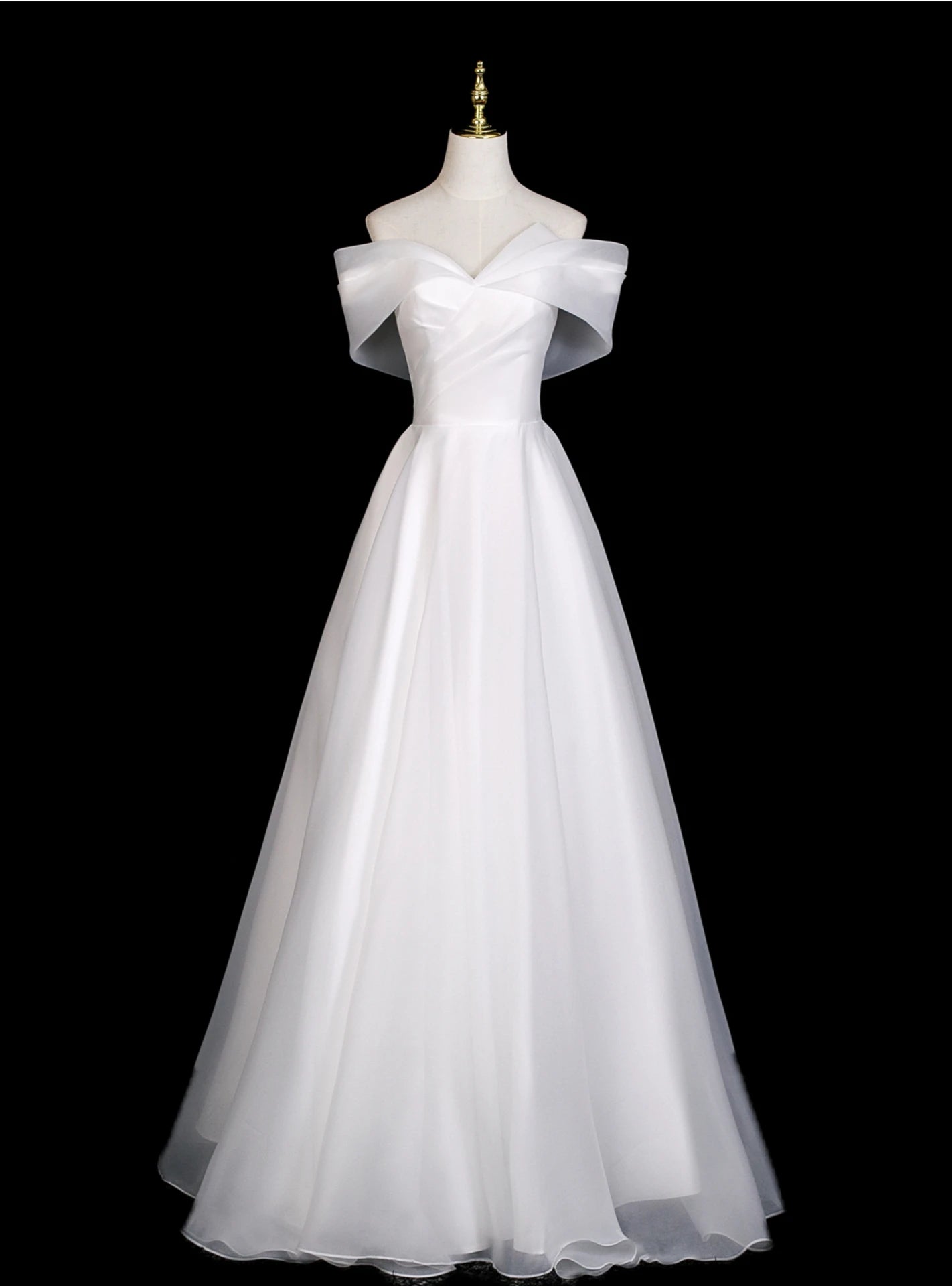 Vintage A-Line Off-Shoulder Pleated Tulle White Floor-Length Wedding Dress Custom