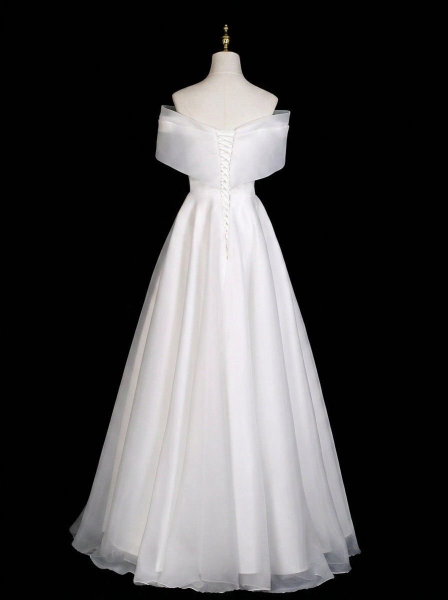 Vintage A-Line Off-Shoulder Pleated Tulle White Floor-Length Wedding Dress Custom