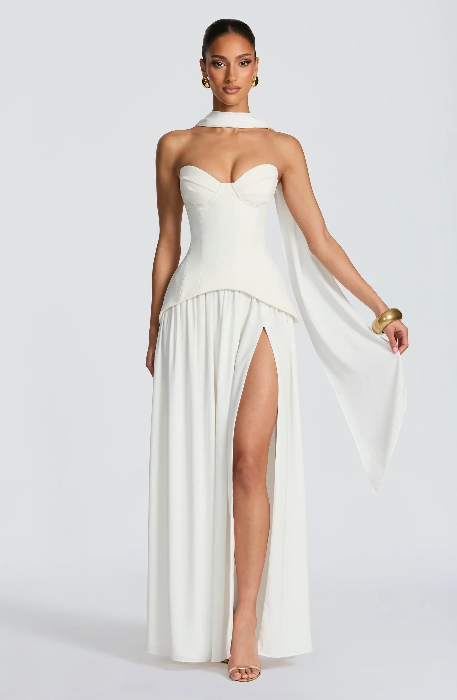 Vintage A-Line Sweetheart High Slit Corset Ivory Floor-Length Prom Dress With Scarf