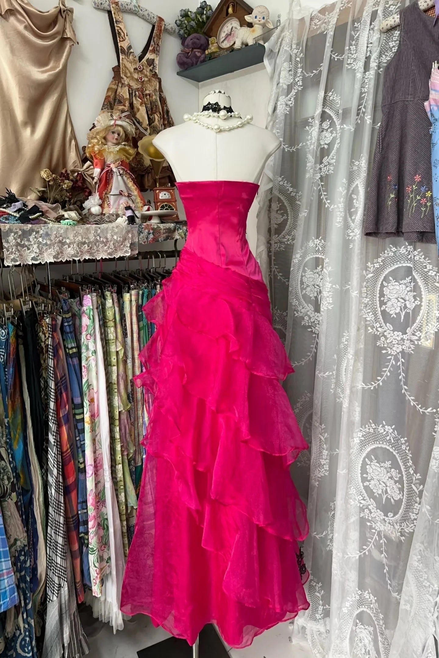 Vintage Hot Pink Fashion Sequins With Applique Mermaid Strapless Floor Length Evening Dress Prom Dress