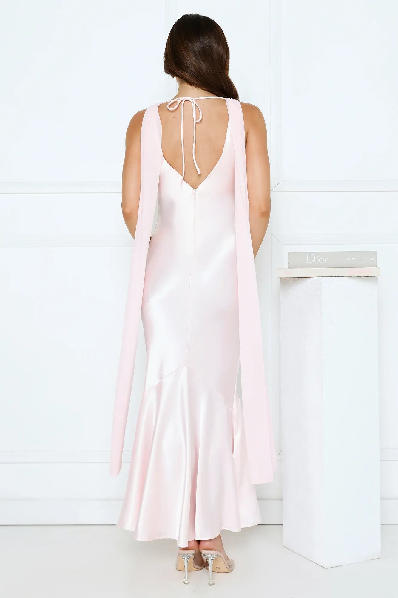 Vintage Mermaid Cowl Neck Satin Light Pink Floor-Length Prom Dress With Streamer
