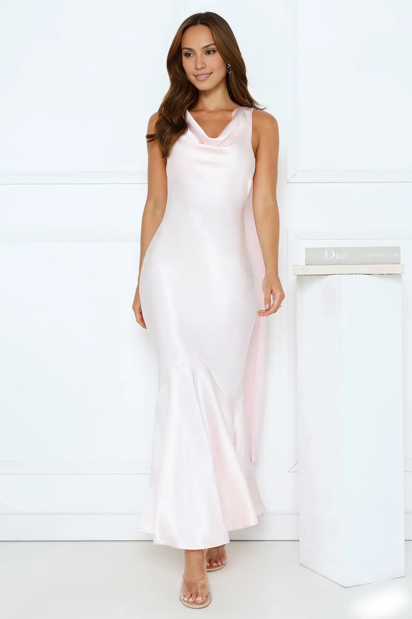 Vintage Mermaid Cowl Neck Satin Light Pink Floor-Length Prom Dress With Streamer