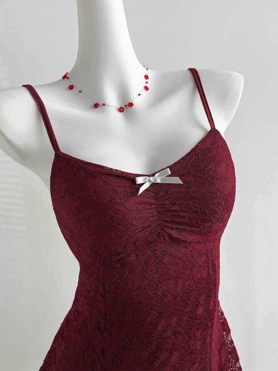 Vintage Romantic A-Line Sweetheart Bow Lace Burgundy Short Homecoming Dresses