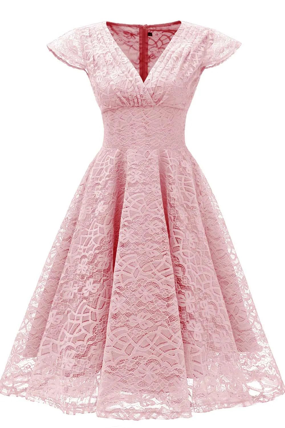 Vintage Romantic A-Line V-Neck Cap Sleeve Lace Pink Short Homecoming Dress