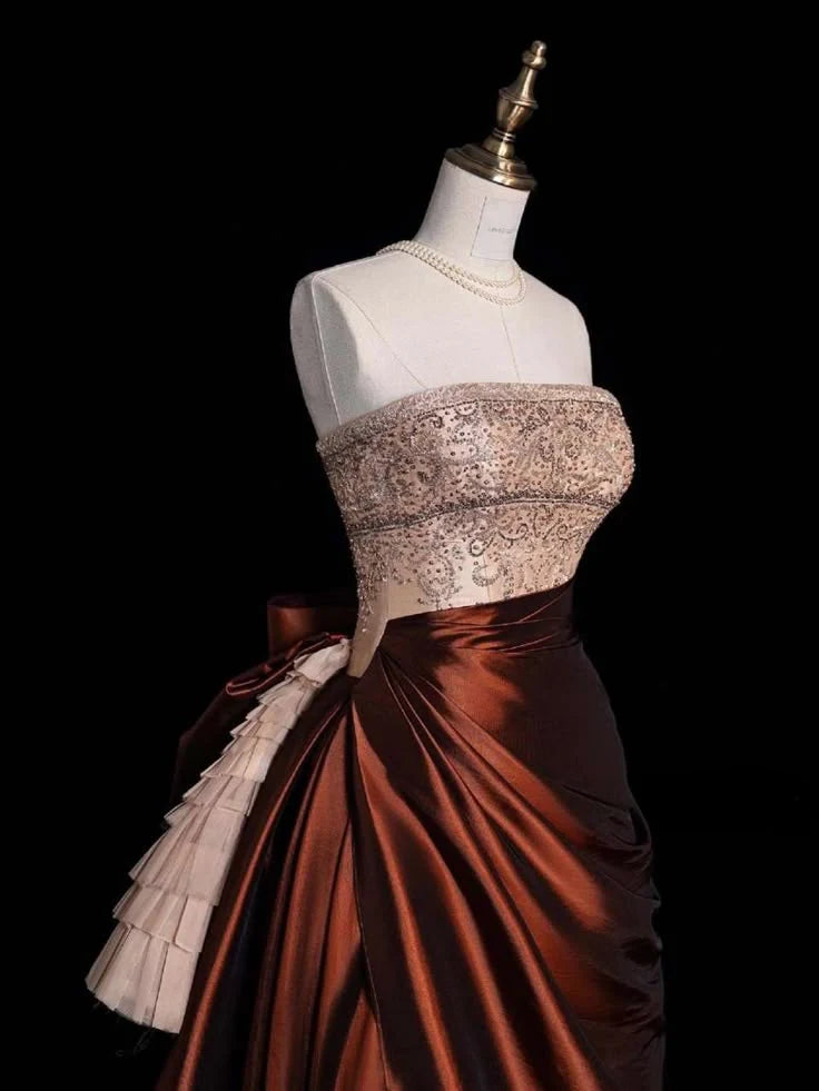 Vintage Satin With Beaded Strapless Sleeveless A Line Evening Dress Vintage Prom Gown