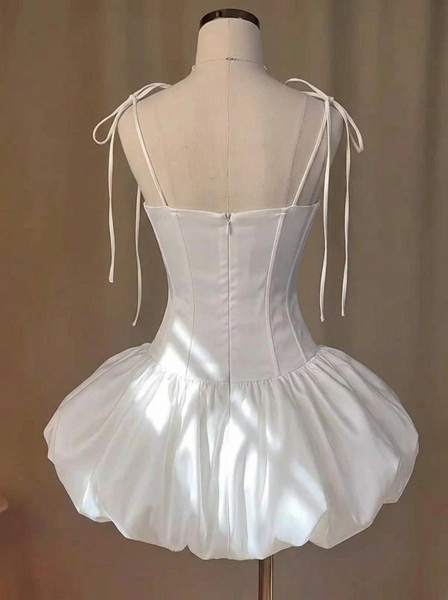 Vinyage A-Line Sweetheart Corset Satin White Short Homecoming Dress With Bubble Hem
