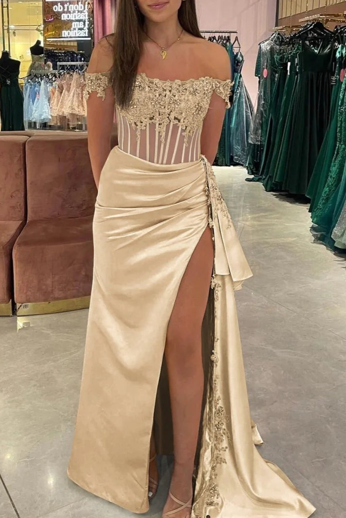 Burgundy Satin Lace Beaded Off the Shoulder Pleated High Slit Evening Dress With Appliques