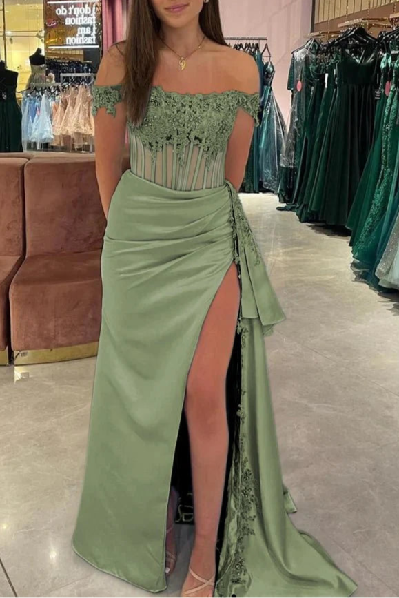 Burgundy Satin Lace Beaded Off the Shoulder Pleated High Slit Evening Dress With Appliques