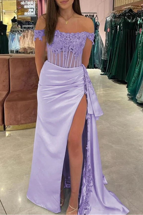 Royal Blue Satin Lace Beaded Off the Shoulder Pleated High Slit Evening Dress With Appliques