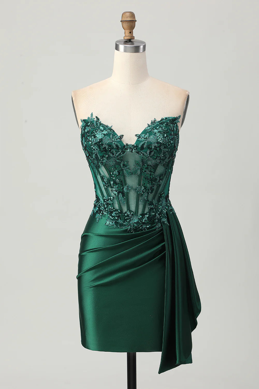 Sparkly Dark Green Strapless Sequin Corset Bodycon Short Homecoming Party Dress With Streamer