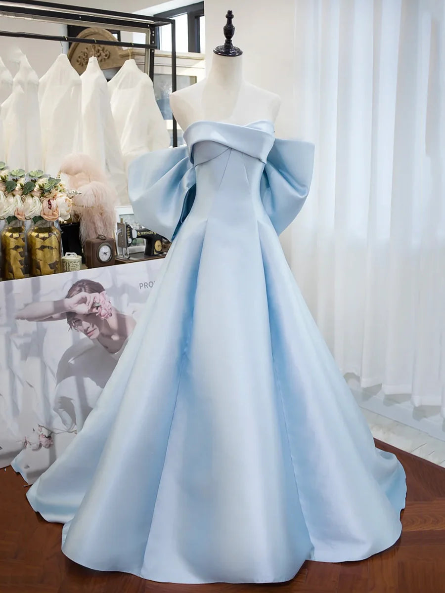 A-Line Blue Satin Long Prom Dress Inexpensive Off the Shoulder Floor Length Evening Party Dress Dresses